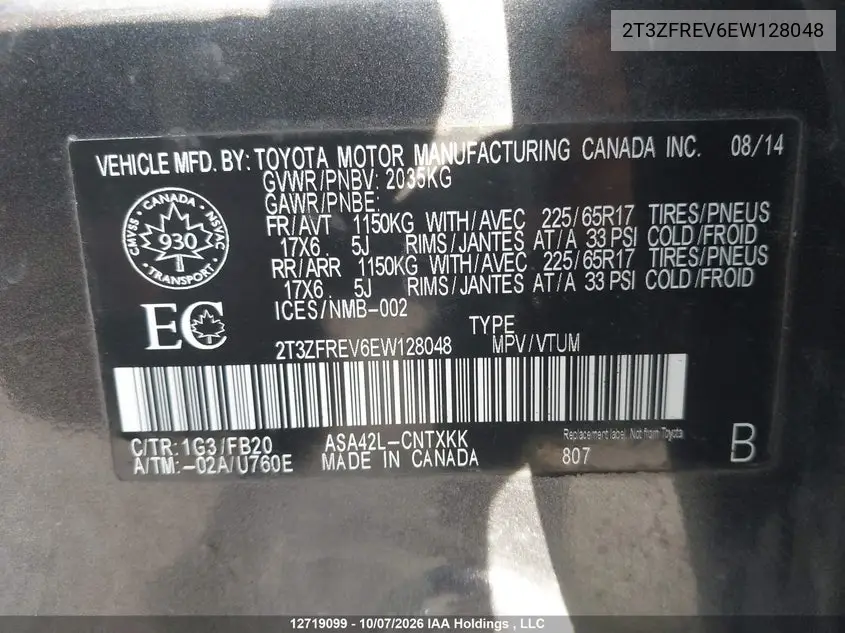 2014 TOYOTA RAV 4 VIN 2T3ZFREV6EW128048 — фото 19