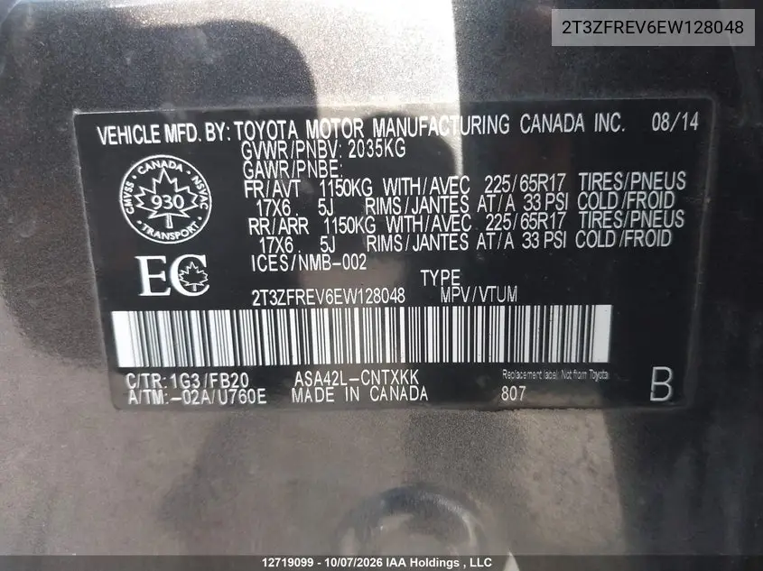 2014 TOYOTA RAV 4 VIN 2T3ZFREV6EW128048 — фото 9
