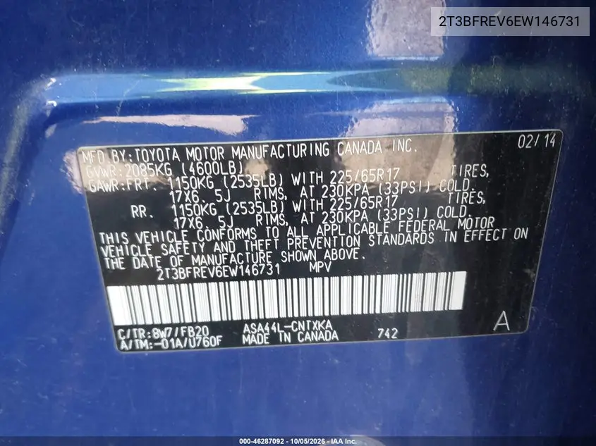 2014 TOYOTA RAV 4 VIN 2T3BFREV6EW146731 — фото 9