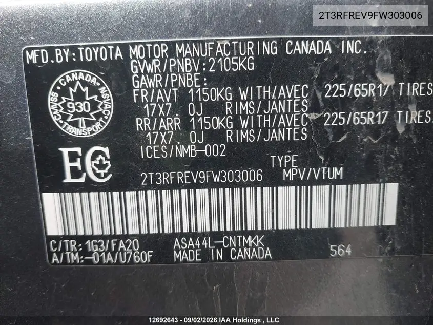 2015 TOYOTA RAV 4 VIN 2T3RFREV9FW303006 — фото 18