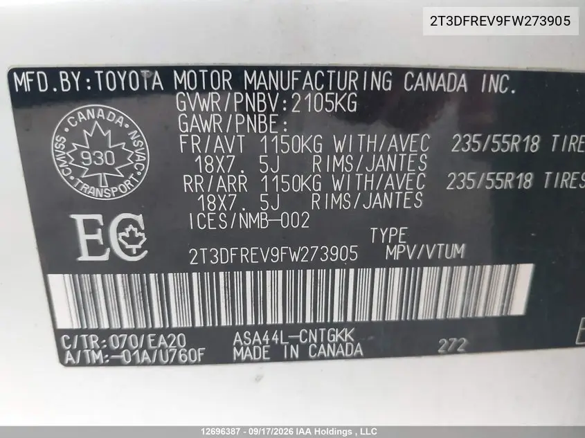 2015 TOYOTA RAV 4 VIN 2T3DFREV9FW273905 — фото 9