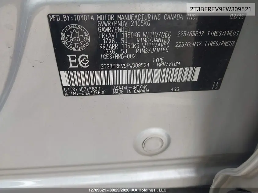 2015 TOYOTA RAV 4 VIN 2T3BFREV9FW309521 — фото 9