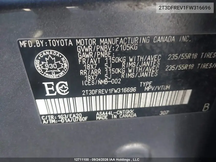 2015 TOYOTA RAV 4 VIN 2T3DFREV1FW316696 — фото 9
