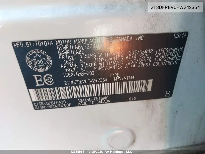 2015 TOYOTA RAV 4 VIN 2T3DFREV0FW242364 — фото 9
