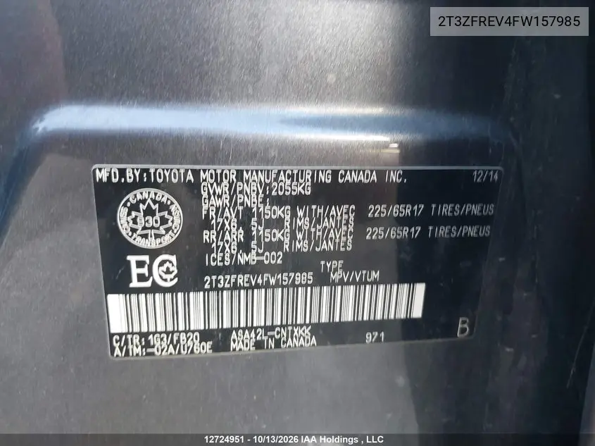 2015 TOYOTA RAV 4 VIN 2T3ZFREV4FW157985 — фото 16
