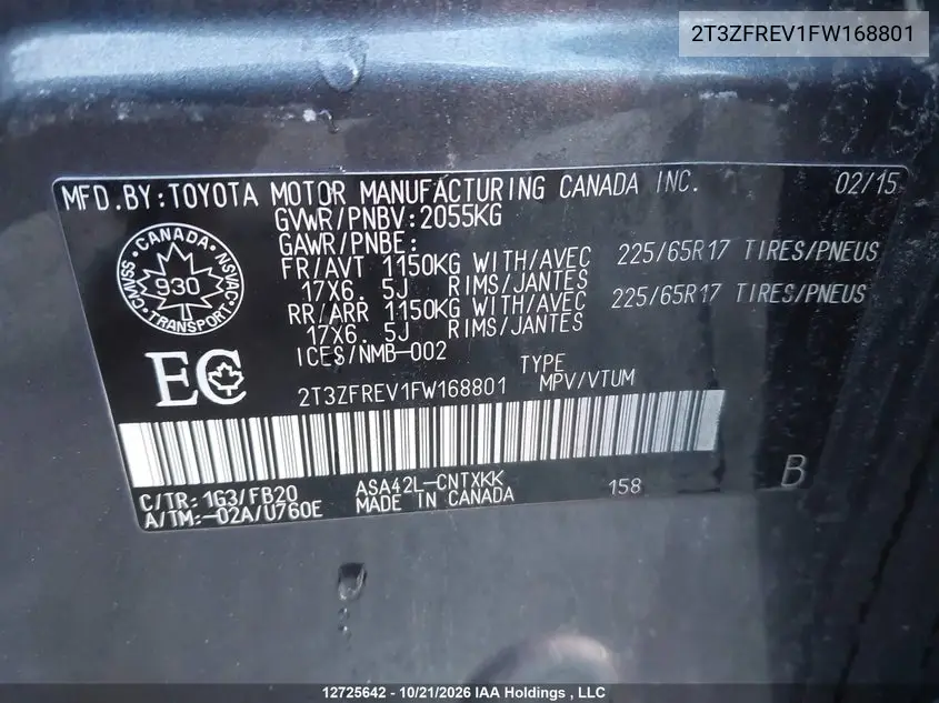 2015 TOYOTA RAV 4 VIN 2T3ZFREV1FW168801 — фото 9