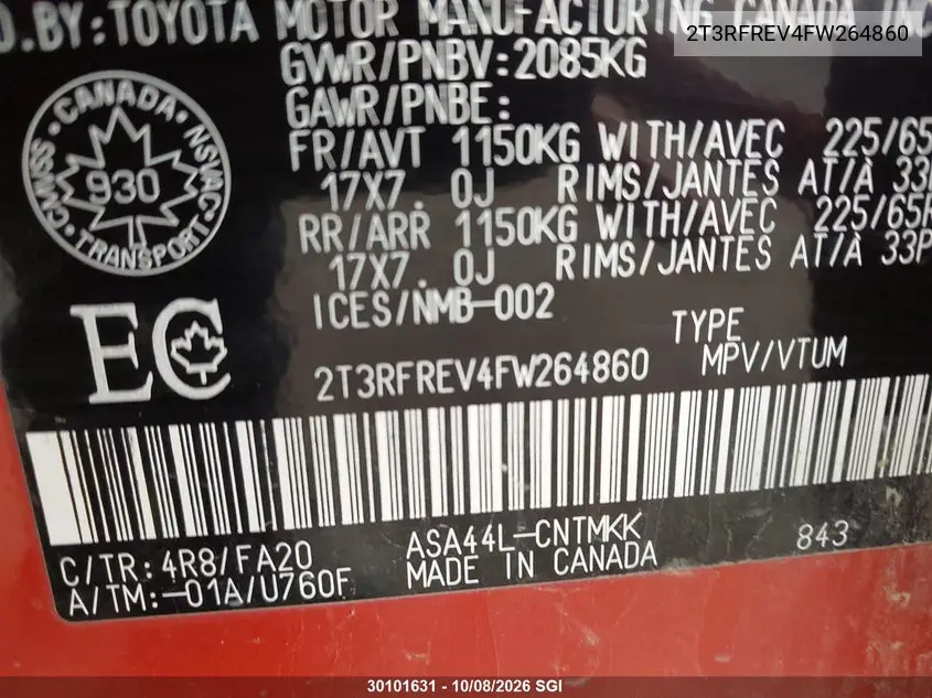 2015 TOYOTA RAV 4 VIN 2T3RFREV4FW264860 — фото 9