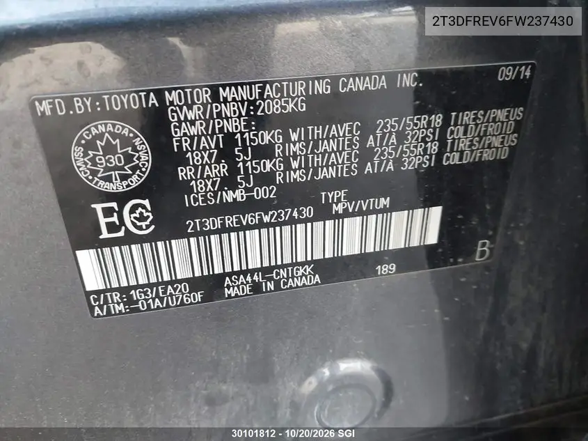 2015 TOYOTA RAV 4 VIN 2T3DFREV6FW237430 — фото 9