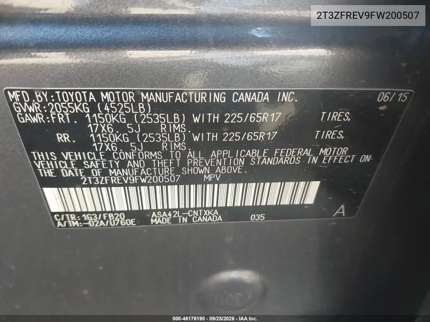 2015 TOYOTA RAV 4 VIN 2T3ZFREV9FW200507 — фото 9