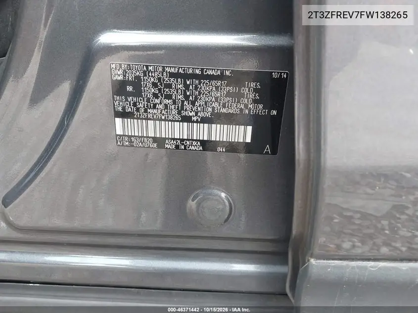 2015 TOYOTA RAV 4 VIN 2T3ZFREV7FW138265 — фото 9