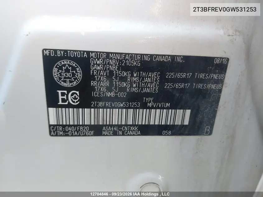2016 TOYOTA RAV 4 VIN 2T3BFREV0GW531253 — фото 20