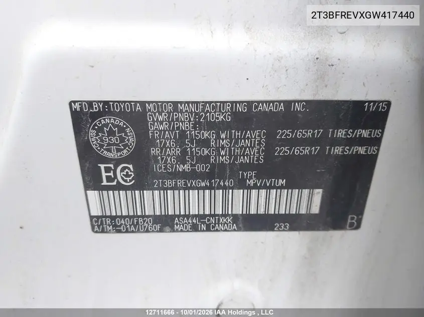 2016 TOYOTA RAV 4 VIN 2T3BFREVXGW417440 — фото 9