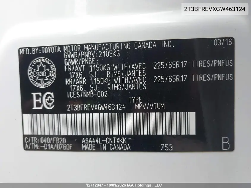 2016 TOYOTA RAV 4 VIN 2T3BFREVXGW463124 — фото 9