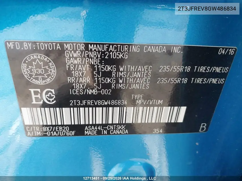 2016 TOYOTA RAV 4 VIN 2T3JFREV8GW486834 — фото 9