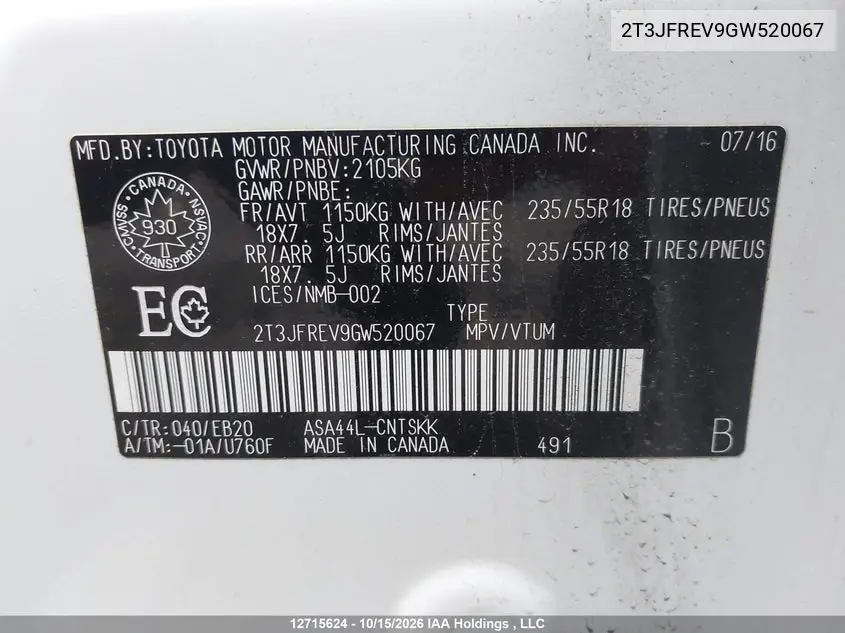 2016 TOYOTA RAV 4 VIN 2T3JFREV9GW520067 — фото 9
