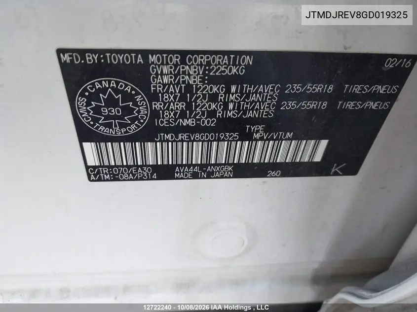 2016 TOYOTA RAV 4 VIN JTMDJREV8GD019325 — фото 9