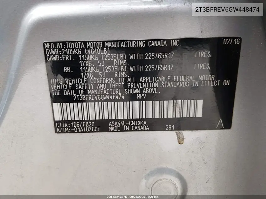 2016 TOYOTA RAV 4 VIN 2T3BFREV6GW448474 — фото 9
