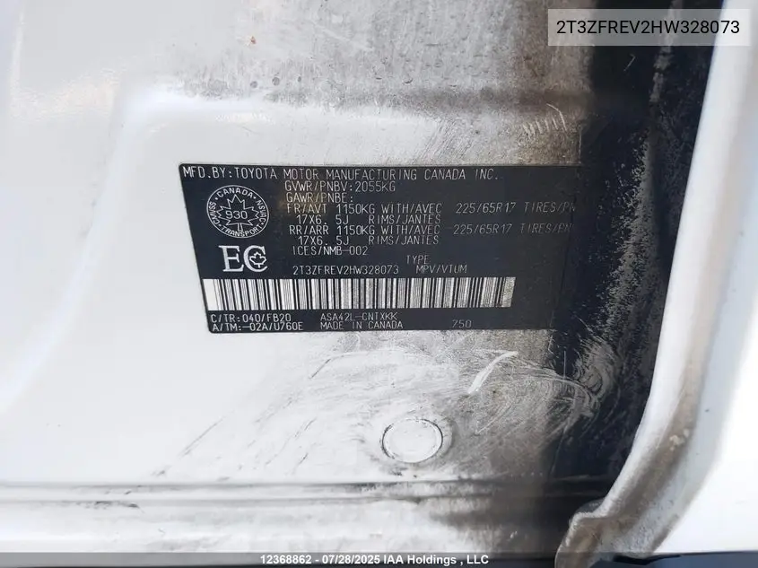 2017 TOYOTA RAV 4 VIN 2T3ZFREV2HW328073 — фото 9