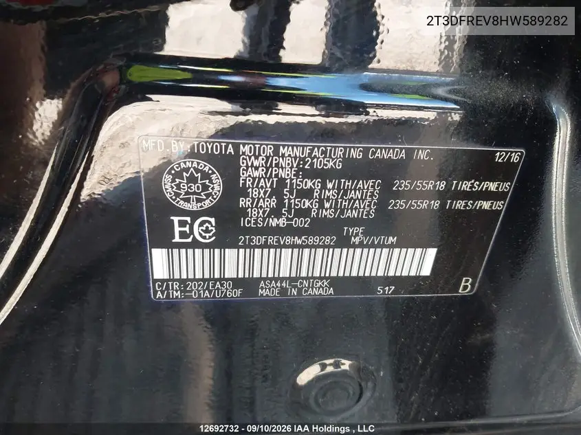 2017 TOYOTA RAV 4 VIN 2T3DFREV8HW589282 — фото 9
