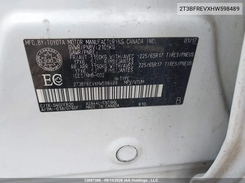 2017 TOYOTA RAV 4 VIN 2T3BFREVXHW598489 — фото 18