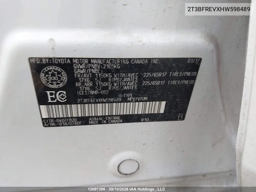 2017 TOYOTA RAV 4 VIN 2T3BFREVXHW598489 — фото 9