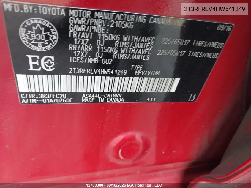 2017 TOYOTA RAV 4 VIN 2T3RFREV4HW541249 — фото 19