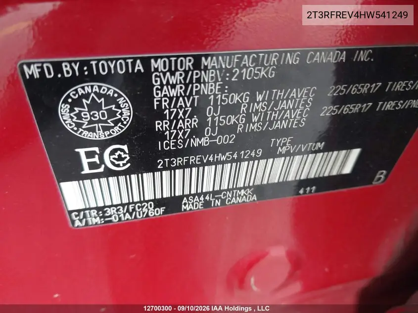 2017 TOYOTA RAV 4 VIN 2T3RFREV4HW541249 — фото 9