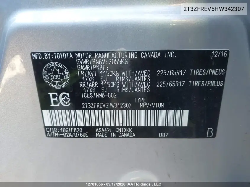 2017 TOYOTA RAV 4 VIN 2T3ZFREV5HW342307 — фото 9