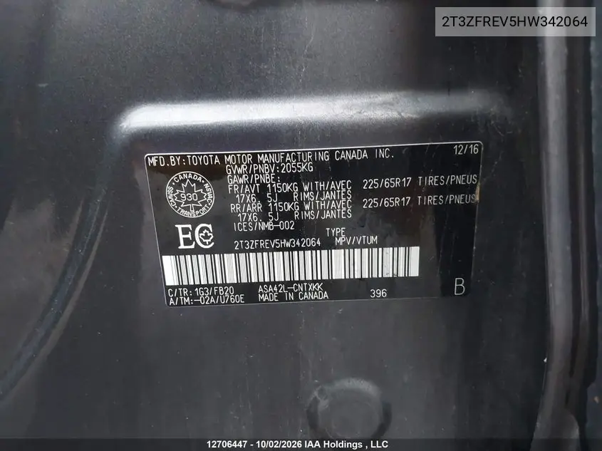 2017 TOYOTA RAV 4 VIN 2T3ZFREV5HW342064 — фото 9