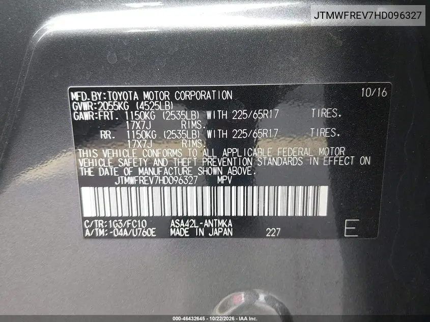 2017 TOYOTA RAV 4 VIN JTMWFREV7HD096327 — фото 9