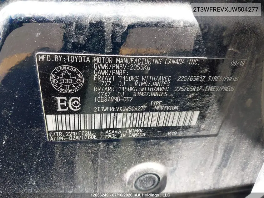 2018 TOYOTA RAV 4 VIN 2T3WFREVXJW504277 — фото 9