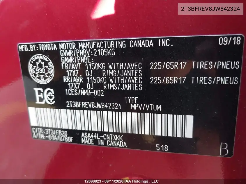 2018 TOYOTA RAV 4 VIN 2T3BFREV8JW842324 — фото 18