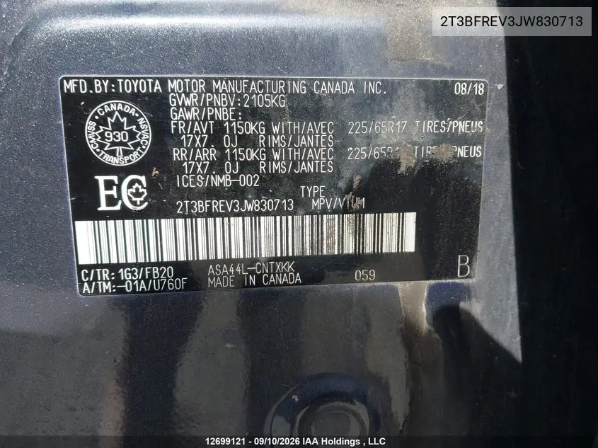 2018 TOYOTA RAV 4 VIN 2T3BFREV3JW830713 — фото 9