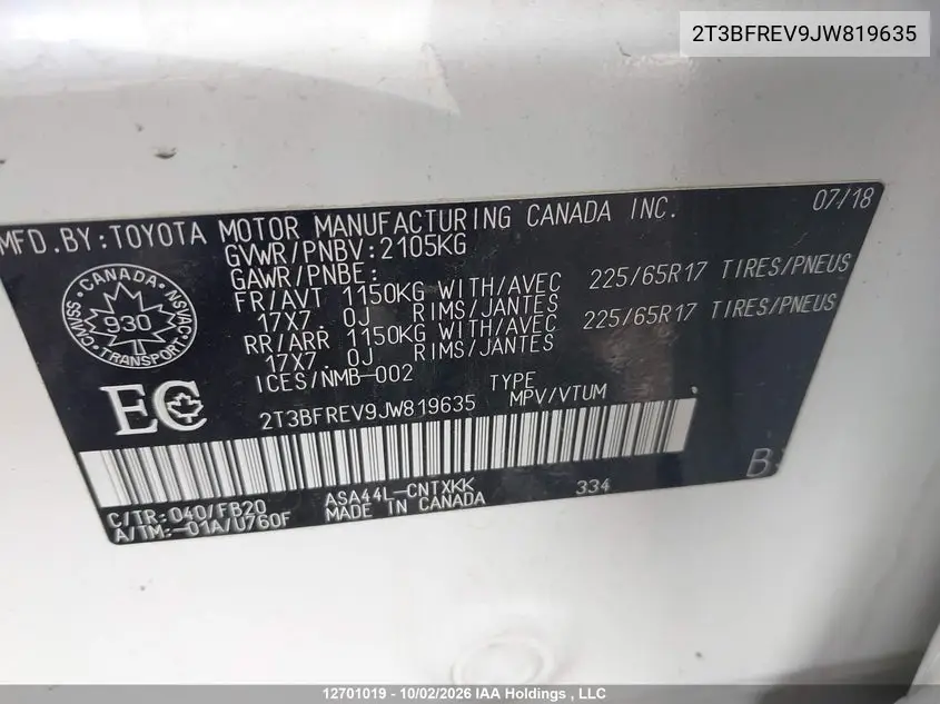 2018 TOYOTA RAV 4 VIN 2T3BFREV9JW819635 — фото 9