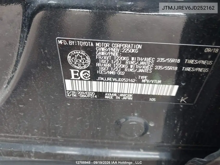 2018 TOYOTA RAV 4 VIN JTMJJREV6JD252162 — фото 9