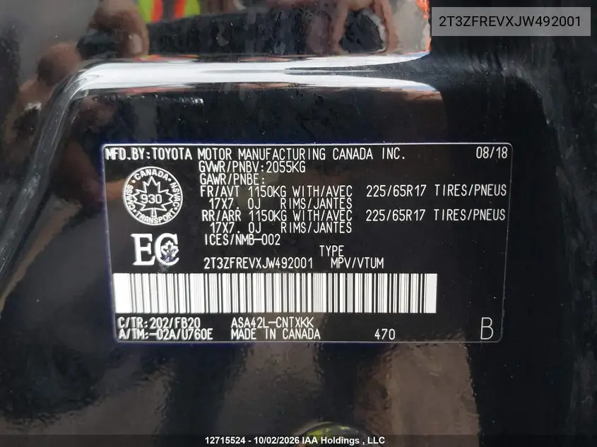 2018 TOYOTA RAV 4 VIN 2T3ZFREVXJW492001 — фото 9