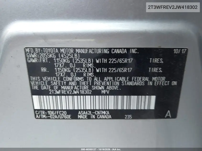2018 TOYOTA RAV 4 VIN 2T3WFREV2JW418302 — фото 9