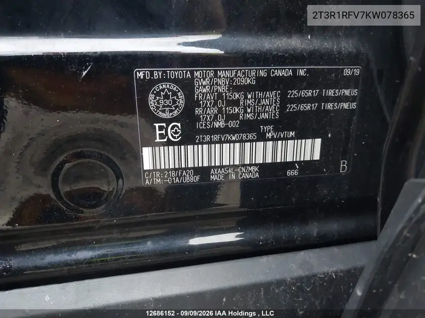 2019 TOYOTA RAV 4 VIN 2T3R1RFV7KW078365 — фото 19