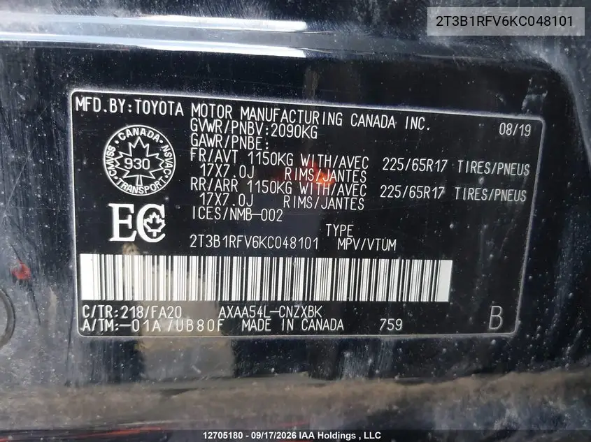 2019 TOYOTA RAV 4 VIN 2T3B1RFV6KC048101 — фото 19
