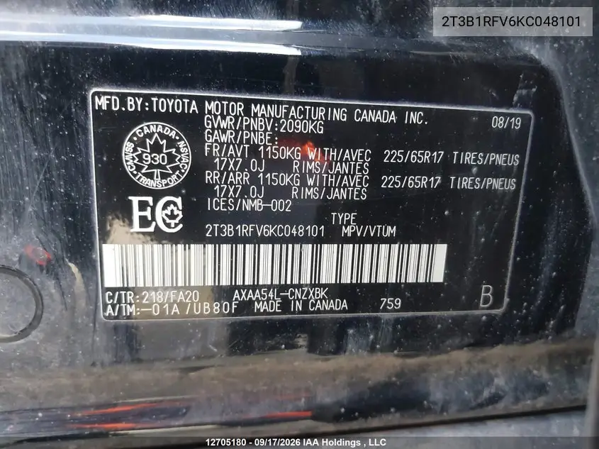 2019 TOYOTA RAV 4 VIN 2T3B1RFV6KC048101 — фото 9
