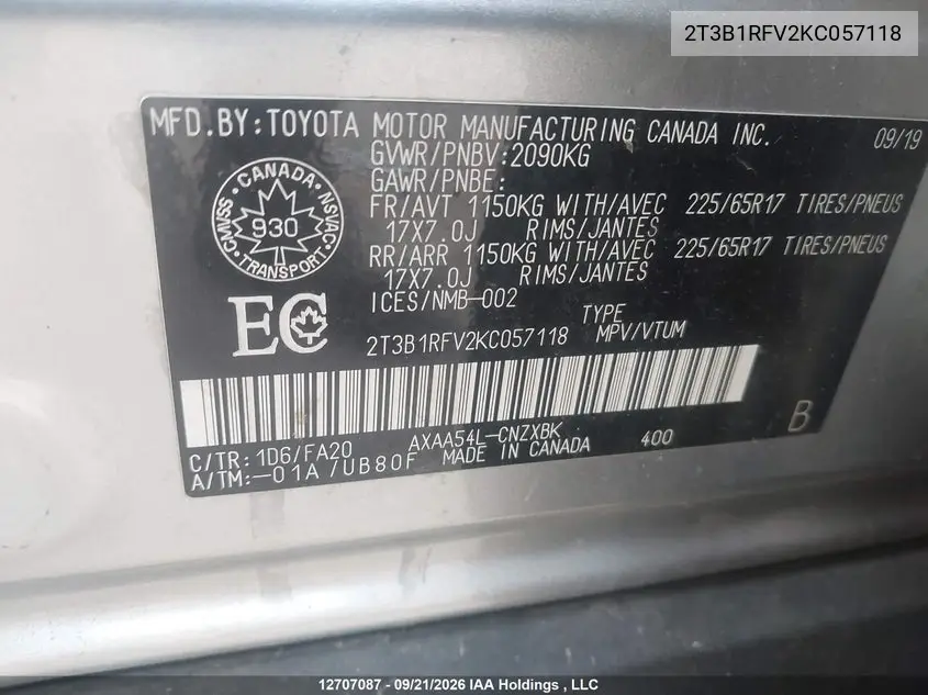 2019 TOYOTA RAV 4 VIN 2T3B1RFV2KC057118 — фото 9