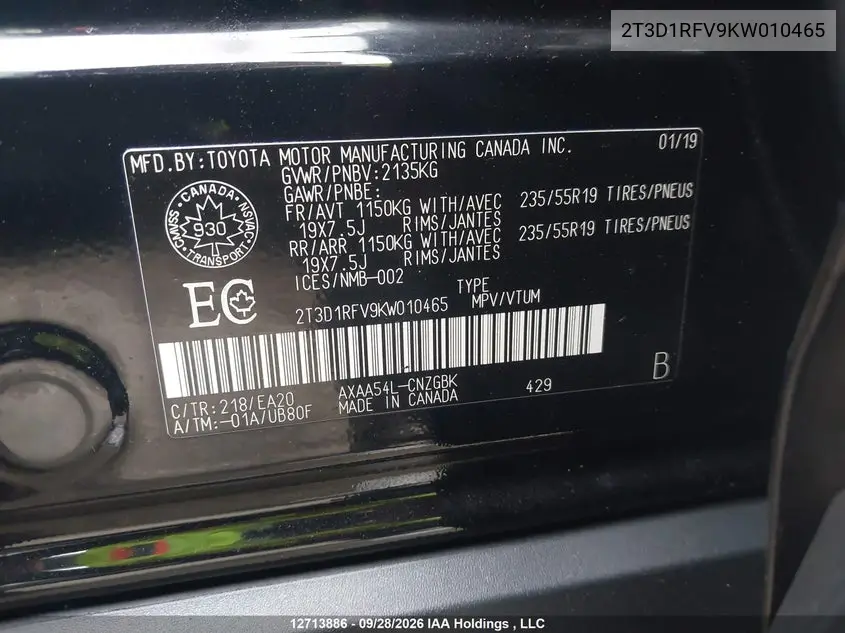 2019 TOYOTA RAV 4 VIN 2T3D1RFV9KW010465 — фото 9