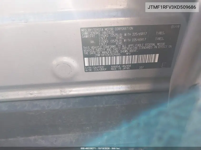 2019 TOYOTA RAV 4 VIN JTMF1RFV3KD509686 — фото 9