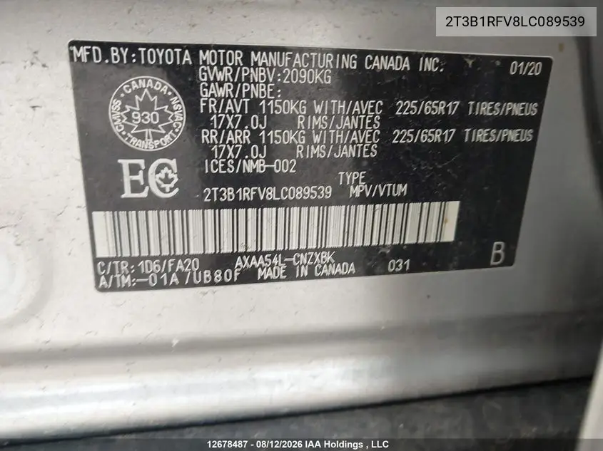2020 TOYOTA RAV 4 VIN 2T3B1RFV8LC089539 — фото 9