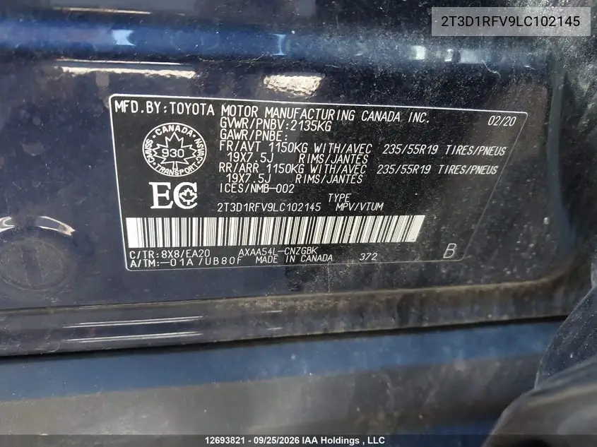 2020 TOYOTA RAV 4 VIN 2T3D1RFV9LC102145 — фото 9