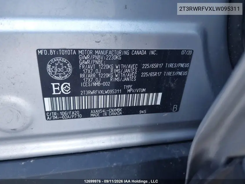 2020 TOYOTA RAV 4 VIN 2T3RWRFVXLW095311 — фото 9