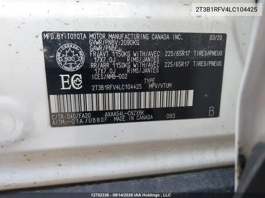 2020 TOYOTA RAV 4 VIN 2T3B1RFV4LC104425 — фото 18