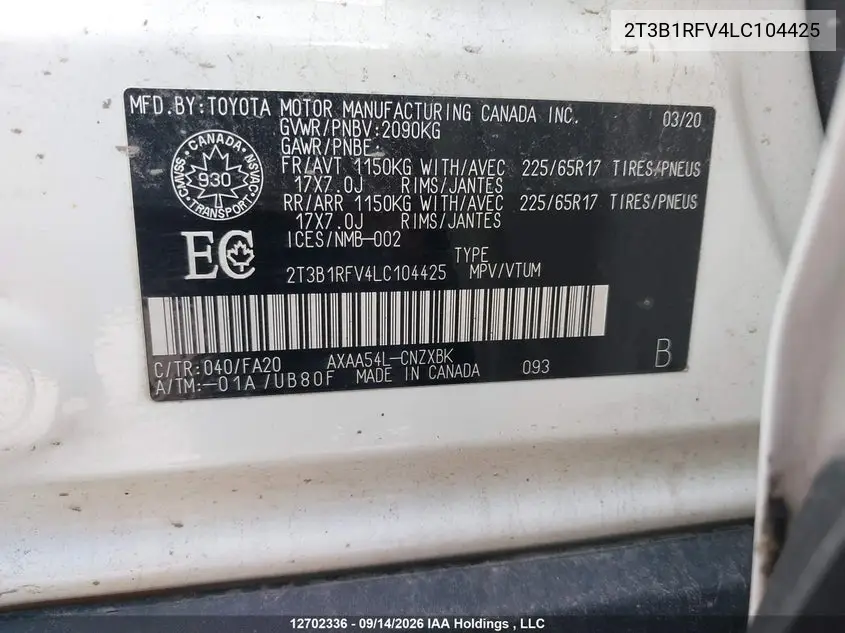 2020 TOYOTA RAV 4 VIN 2T3B1RFV4LC104425 — фото 9