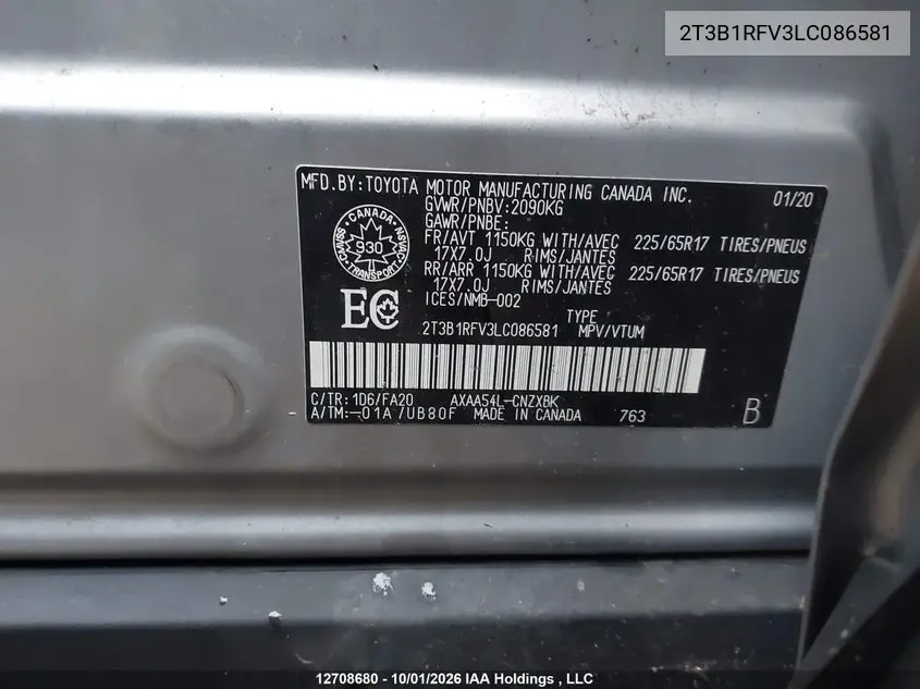 2020 TOYOTA RAV 4 VIN 2T3B1RFV3LC086581 — фото 9