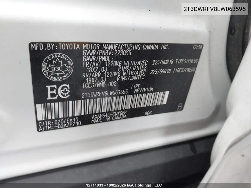 2020 TOYOTA RAV 4 VIN 2T3DWRFV8LW063595 — фото 19